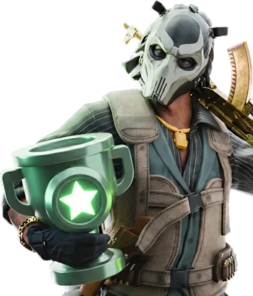 Masked SkinRave character holding a trophy